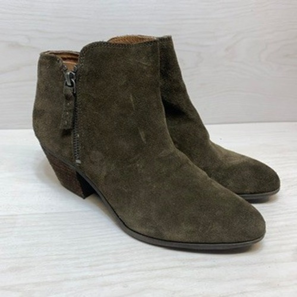 Frye and Co Womens 8M Jacy Ankle Boots Suede Olive Green Zip Block Heel Booties